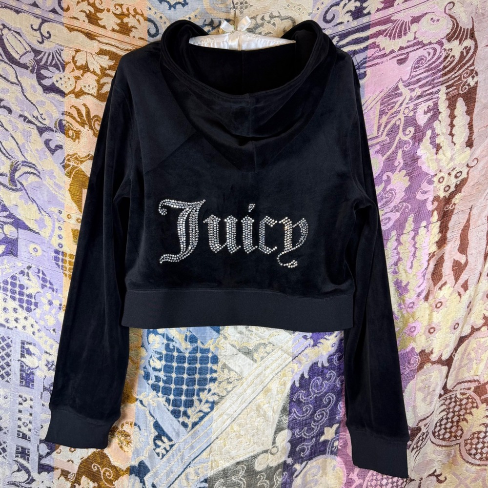 Juicy Couture Black Velour Bimbocore Cropped Hoodie Sweatshirt Size L Y2K